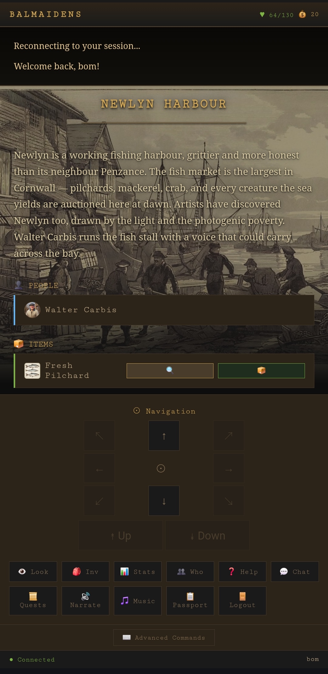 Newlyn Harbour — explore a Victorian fishing harbour with illustrated scenes, NPCs, and items