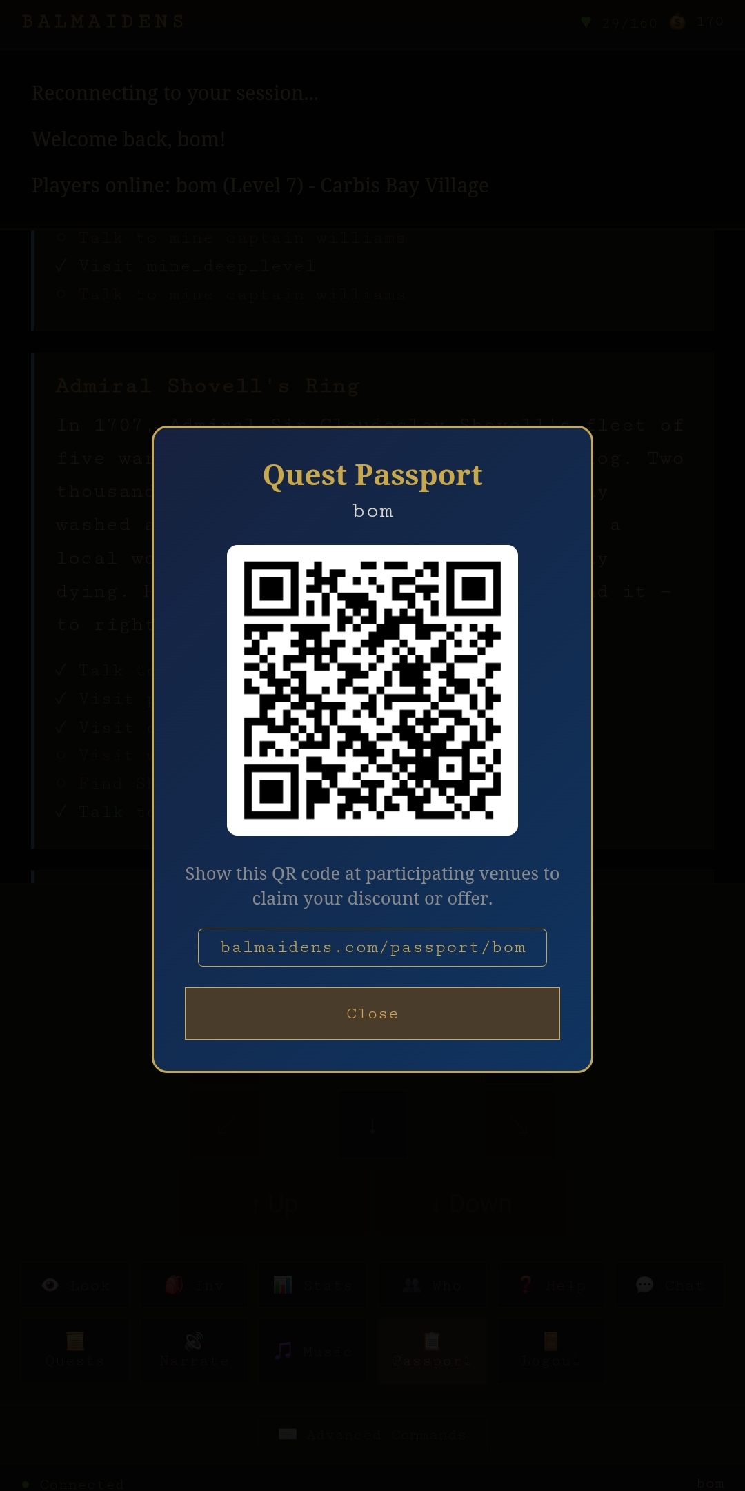Quest Passport — players show a QR code at participating venues to claim discounts and offers